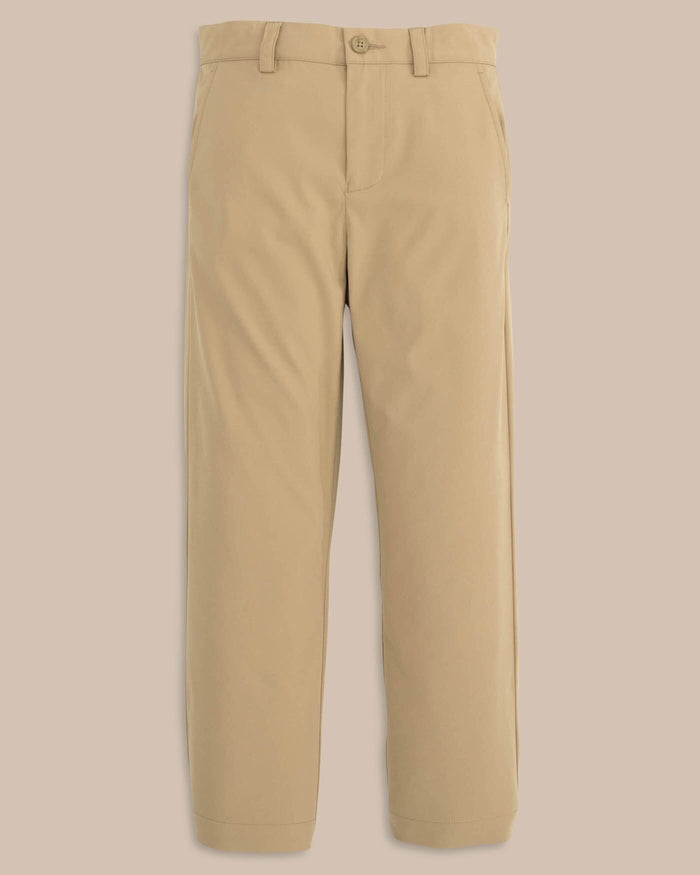 The front view of the Youth Leadhead Performance Pant by Southern Tide - Sandstone Khaki