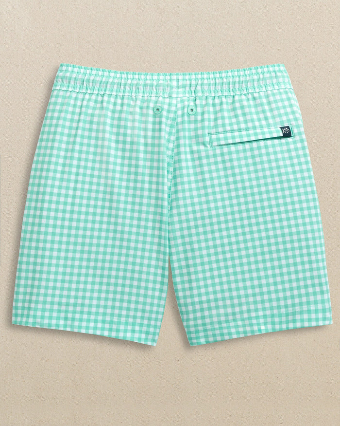 The back view of the Southern Tide Boys Pelican Bay Gingham Maritime Swim Trunk by Southern Tide - Florida Keys