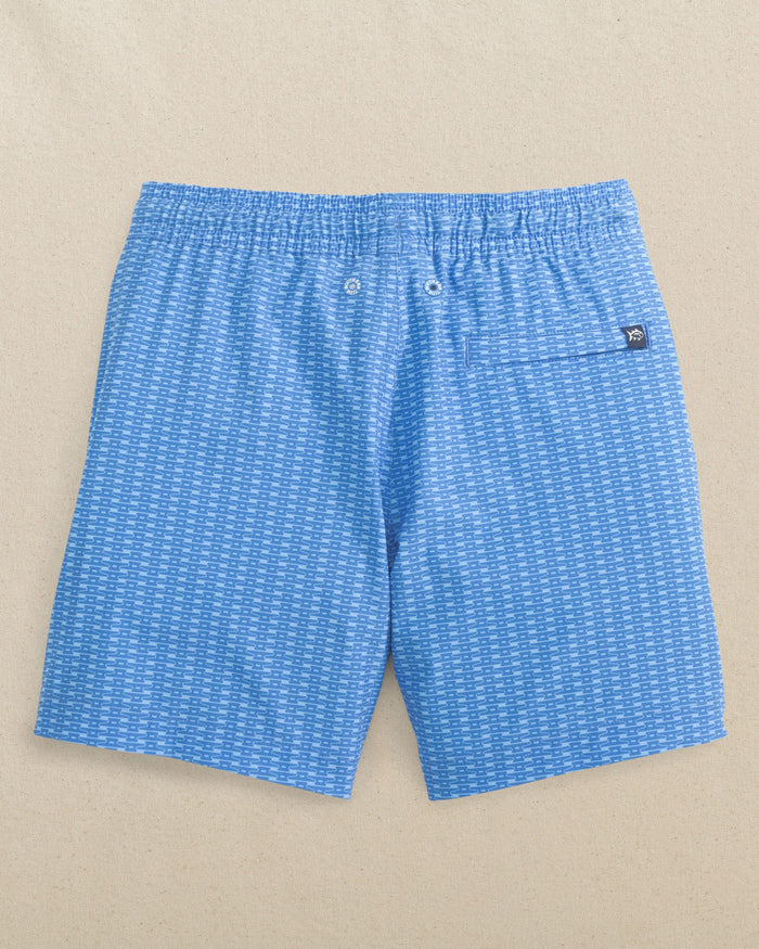 The back view of the Southern Tide Boys Pop Lock & Dock It Maritime Swim Trunk by Southern Tide - Blue Stream