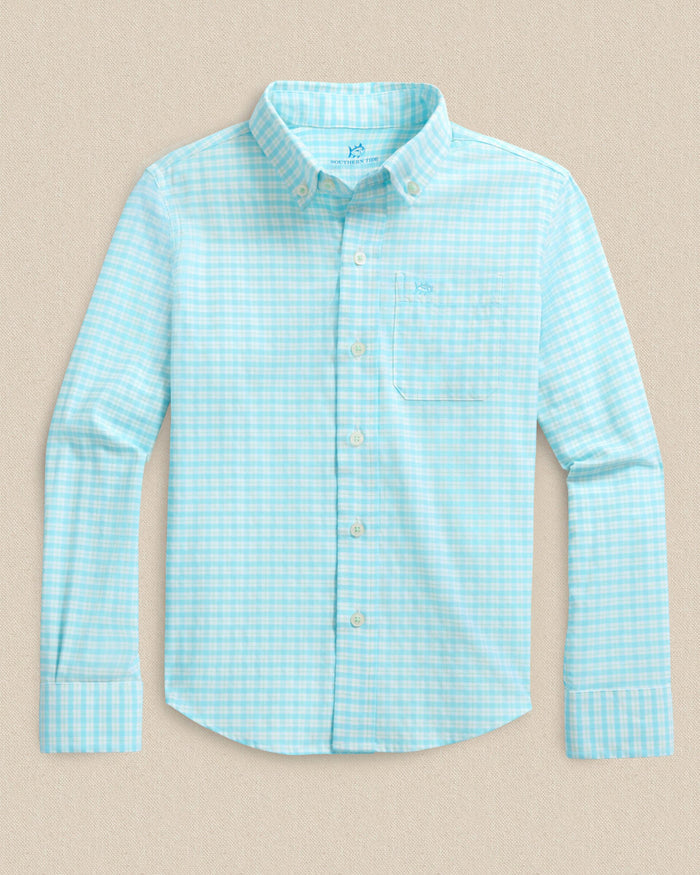 The front view of the Southern Tide Boys Precheck Plaid Coastal Breeze® Sport Shirt by Southern Tide - Tropical Breeze Blue