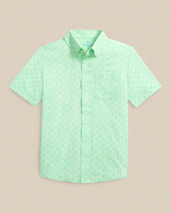 The front view of the Southern Tide Boys Seashell Cove Coastal Breeze® Short Sleeve Sport Shirt by Southern Tide - Green Ash