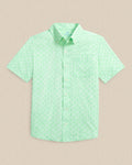 The front view of the Southern Tide Boys Seashell Cove Coastal Breeze® Short Sleeve Sport Shirt by Southern Tide - Green Ash