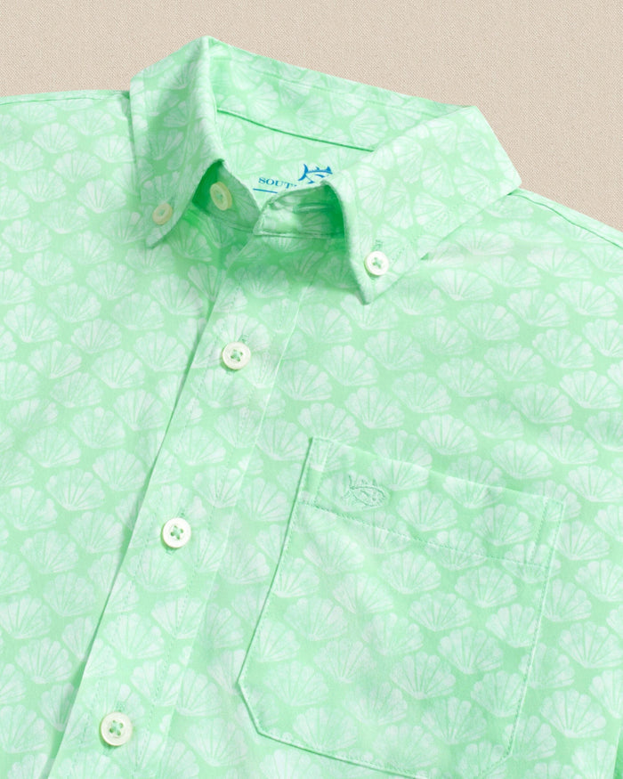 The detail view of the Southern Tide Boys Seashell Cove Coastal Breeze® Short Sleeve Sport Shirt by Southern Tide - Green Ash
