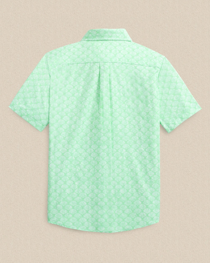 The back view of the Southern Tide Boys Seashell Cove Coastal Breeze® Short Sleeve Sport Shirt by Southern Tide - Green Ash