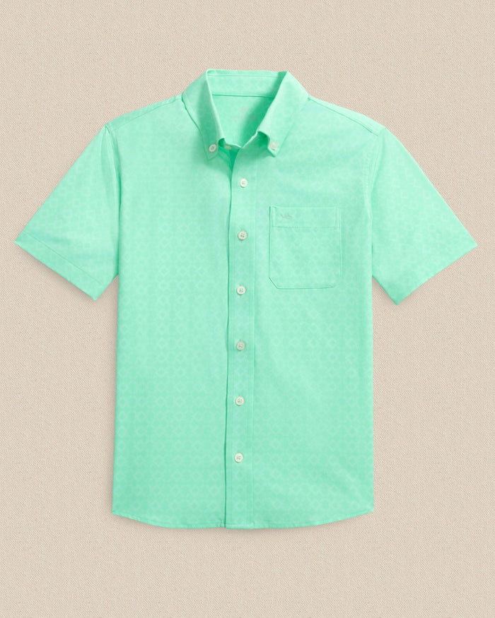 The front view of the Southern Tide Boys Seaside Geo Coastal Breeze® Short Sleeve Sport Shirt by Southern Tide - Gulf Shores