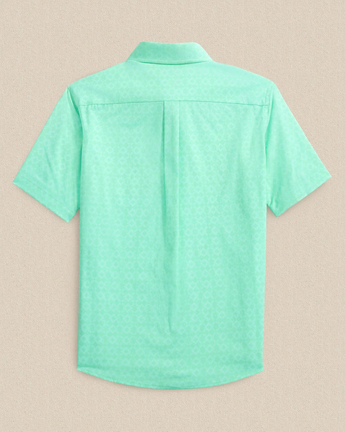 The back view of the Southern Tide Boys Seaside Geo Coastal Breeze® Short Sleeve Sport Shirt by Southern Tide - Gulf Shores