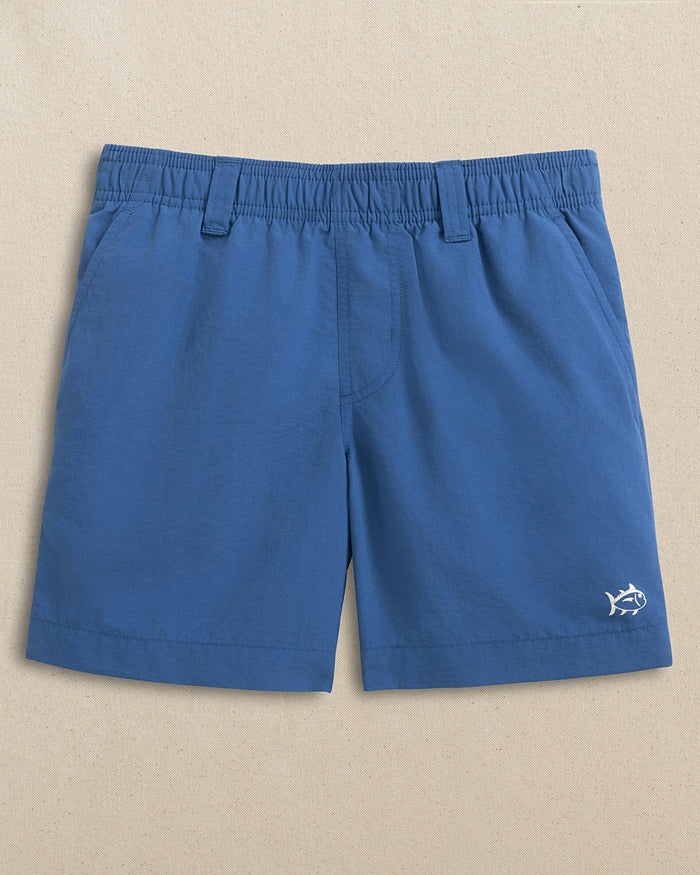 The front view of the Southern Tide Boys Shoreline Active Short by Southern Tide - Nautical Blue