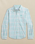 The front view of the Southern Tide Boys Tradewind Tattersal Skipjack Sport Shirt by Southern Tide - Persian Green