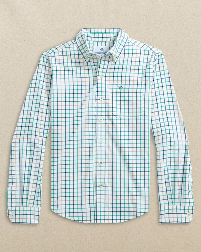 The front view of the Southern Tide Boys Tradewind Tattersal Skipjack Sport Shirt by Southern Tide - Persian Green