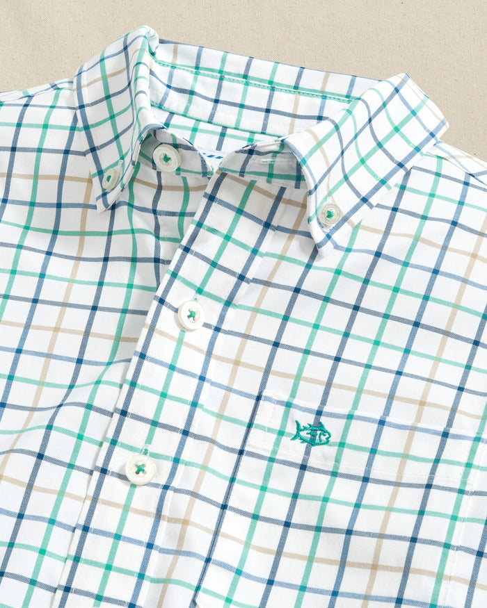 The detail view of the Southern Tide Boys Tradewind Tattersal Skipjack Sport Shirt by Southern Tide - Persian Green
