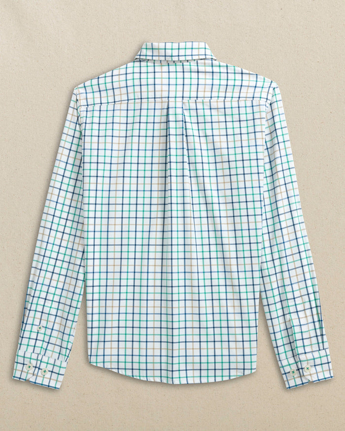 The back view of the Southern Tide Boys Tradewind Tattersal Skipjack Sport Shirt by Southern Tide - Persian Green
