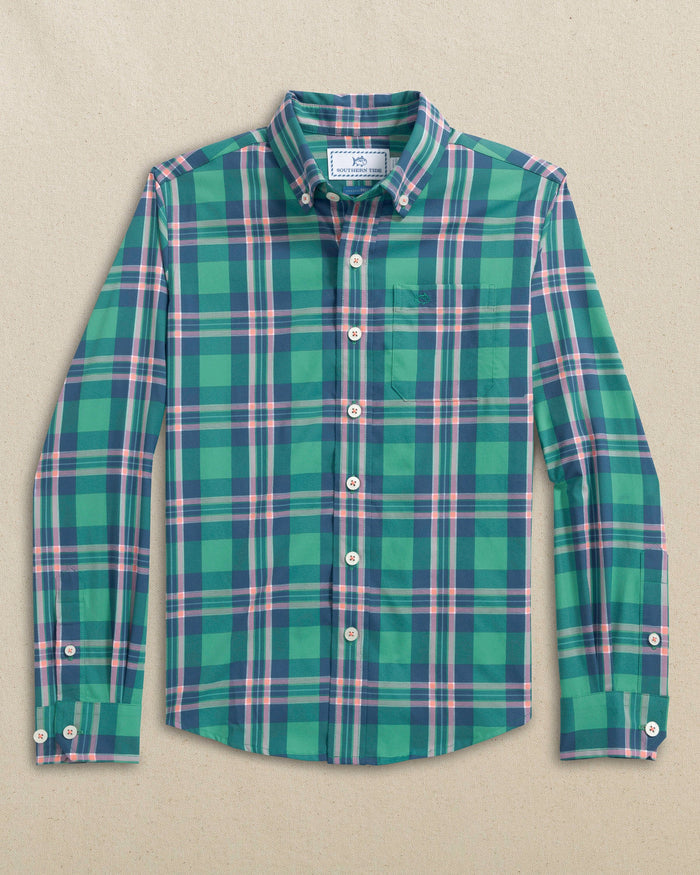 The front view of the Southern Tide Boys Village Beach Plaid Skipjack Sport Shirt by Southern Tide - Persian Green
