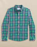 The front view of the Southern Tide Boys Village Beach Plaid Skipjack Sport Shirt by Southern Tide - Persian Green