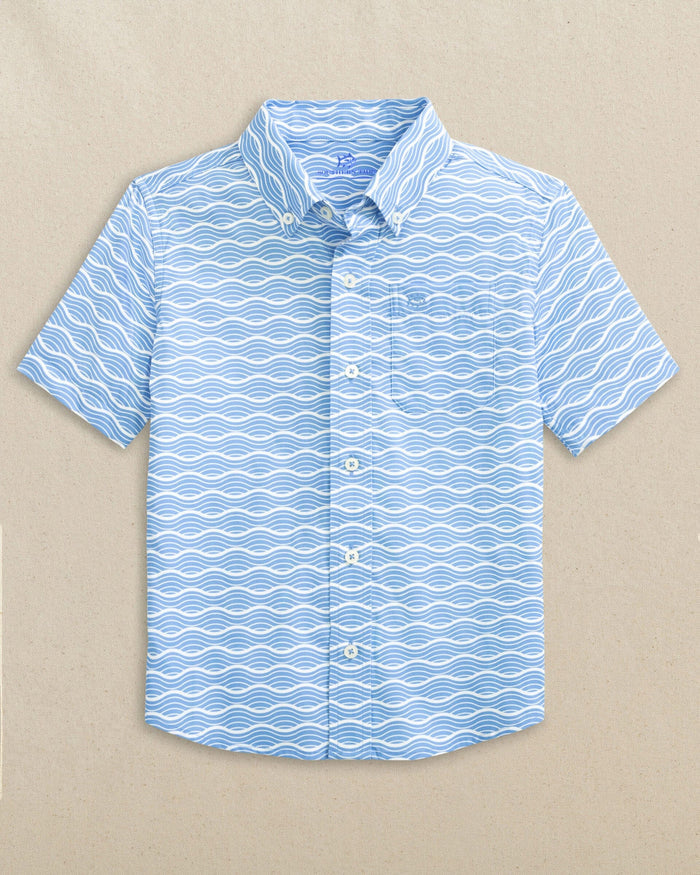 The front view of the Southern Tide Boys Waves Coastal Breeze® Short Sleeve Sport Shirt by Southern Tide - Ocean Channel