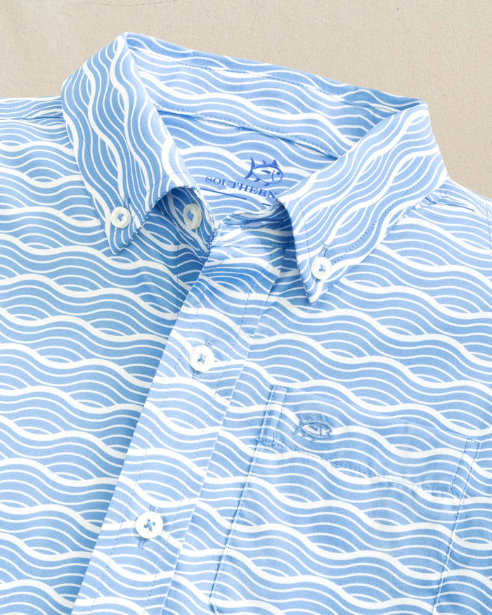 The detail view of the Southern Tide Boys Waves Coastal Breeze® Short Sleeve Sport Shirt by Southern Tide - Ocean Channel
