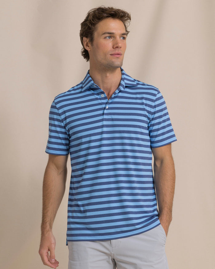 The front view of the Southern Tide Brewers Landing Stripe Coastal Breeze® Performance Polo by Southern Tide - Heather Ocean Channel