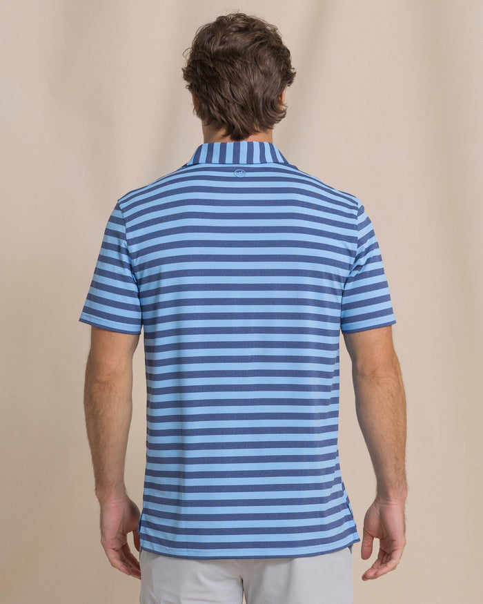 The back view of the Southern Tide Brewers Landing Stripe Coastal Breeze® Performance Polo by Southern Tide - Heather Ocean Channel