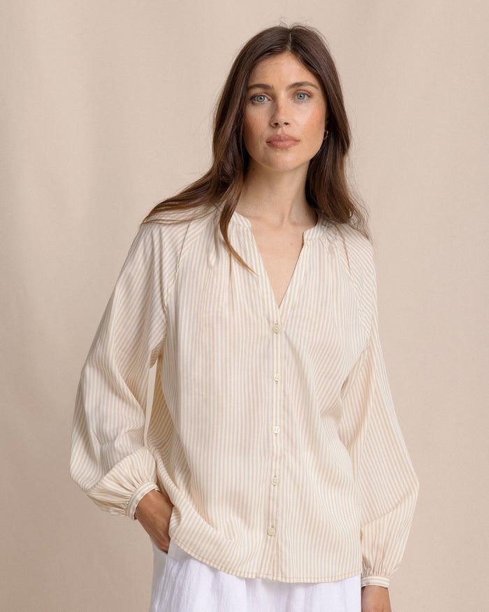 The front view of the Southern Tide Brinley Band Collar Button Down Shirt by Southern Tide - Sandcastle Khaki