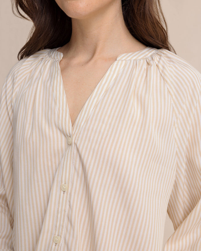 The detail view of the Southern Tide Brinley Band Collar Button Down Shirt by Southern Tide - Sandcastle Khaki