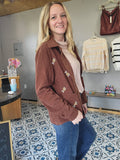 Brown Corduroy Floral Embroidered Shacket