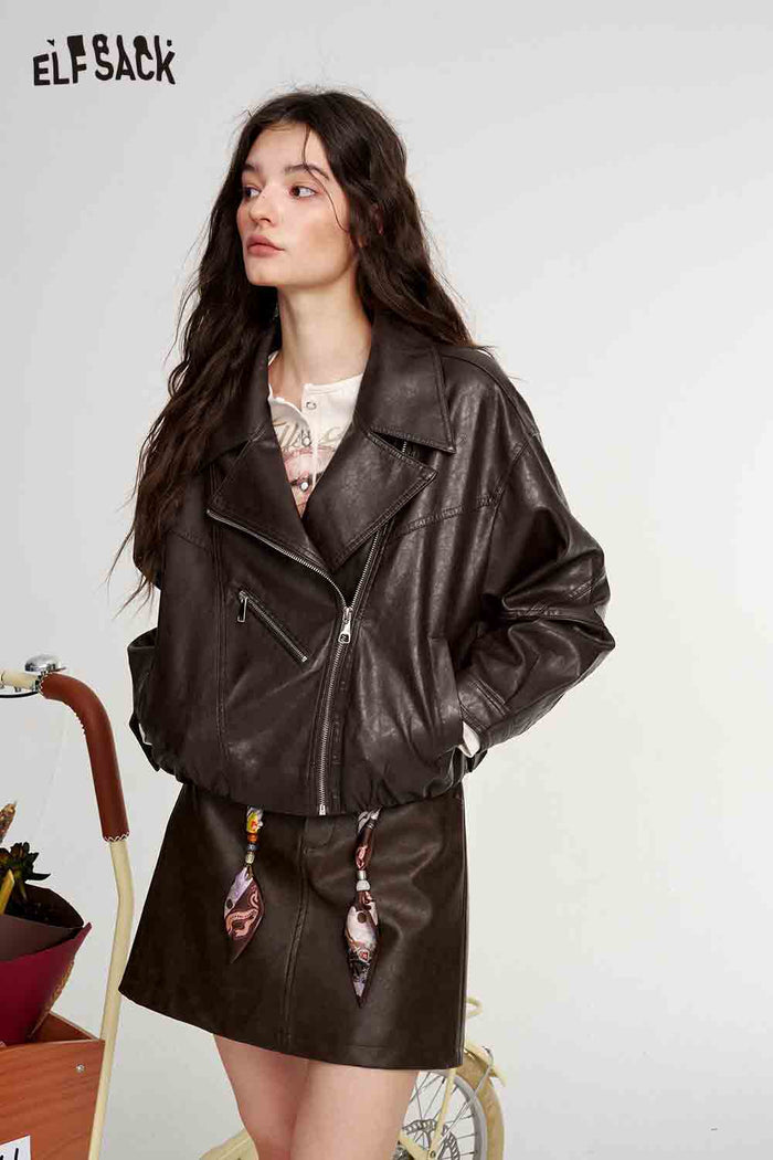Brown Faux Leather Moto Jacket