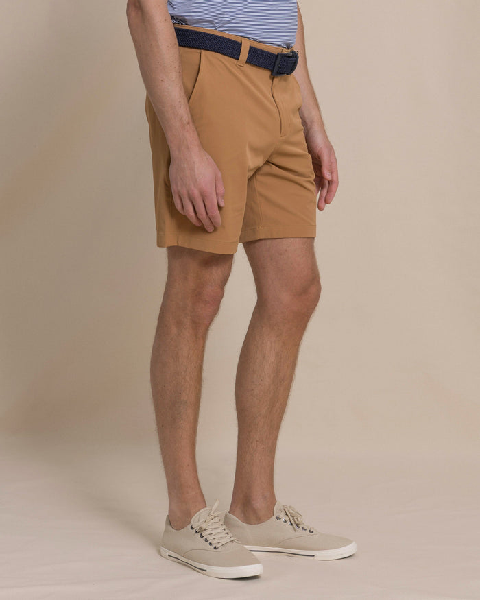 The side view of the Southern Tide brrr°®-die 8" Performance Short in Hazelnut Khaki by Southern Tide - Hazelnut Khaki