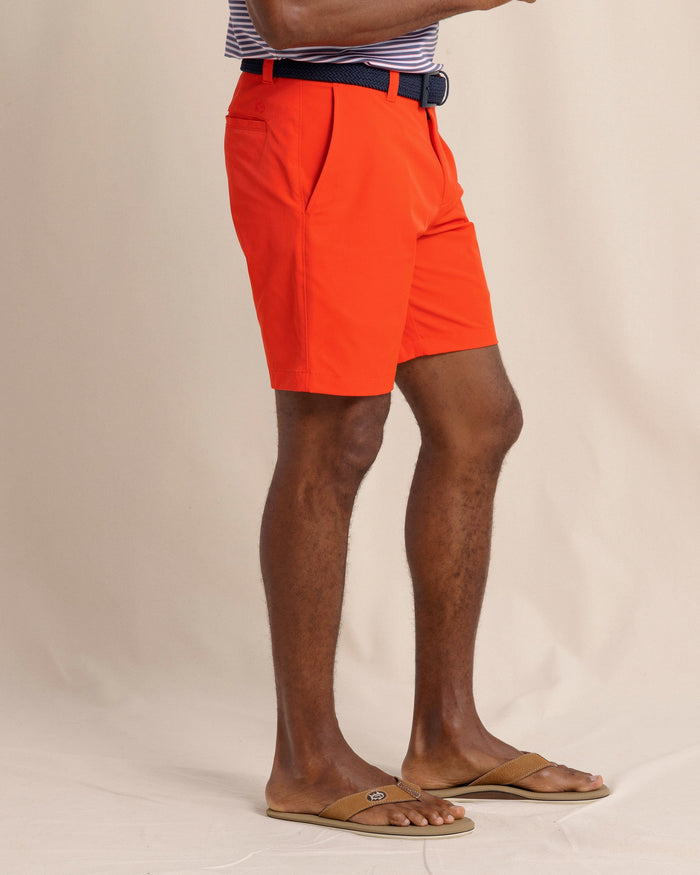 The side view of the Southern Tide brrr°®-die 8" Performance Short in Poppy Red by Southern Tide - Poppy Red