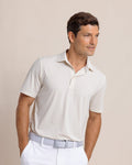 The front view of the Southern Tide brrr-eeze Meadowbrook Stripe Polo by Southern Tide - Sand White