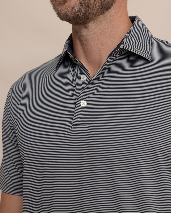 The detail view of the Southern Tide brrr°®-eeze Meadowbrook Stripe Polo by Southern Tide - Steel