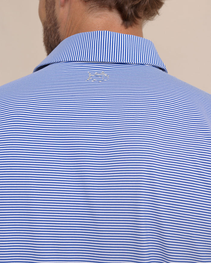 The detail view of the Southern Tide brrr°®-eeze Meadowbrook Stripe Polo by Southern Tide - Surf Blue