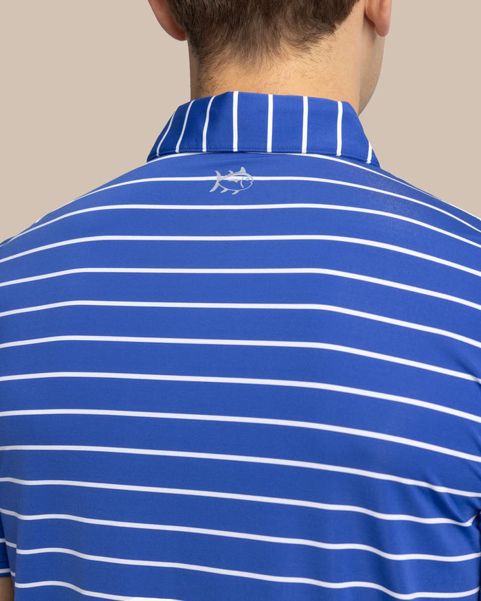 The yoke view of the Southern Tide brrr-eeze Desmond Stripe Performance Polo by Southern Tide - University Blue
