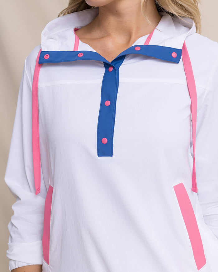The detail view of the Southern Tide Calie Colorblock Popover by Southern Tide - Classic White