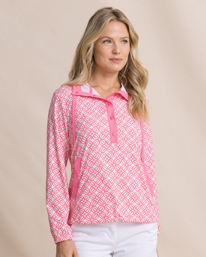 The front view of the Southern Tide Calie Printed Popover by Southern Tide - Island Pink