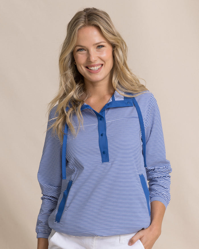 The front view of the Southern Tide Calie Skip Stripe Popover by Southern Tide - Nautical Blue