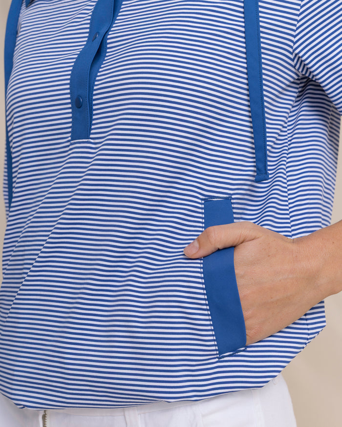 The detail view of the Southern Tide Calie Skip Stripe Popover by Southern Tide - Nautical Blue