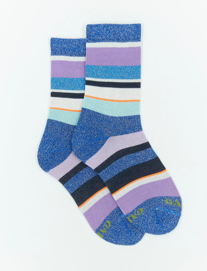 Calze corte bambino cotone blu cobalto righe multicolor lurex e fluo - Gallo 1927 - Official Online Shop