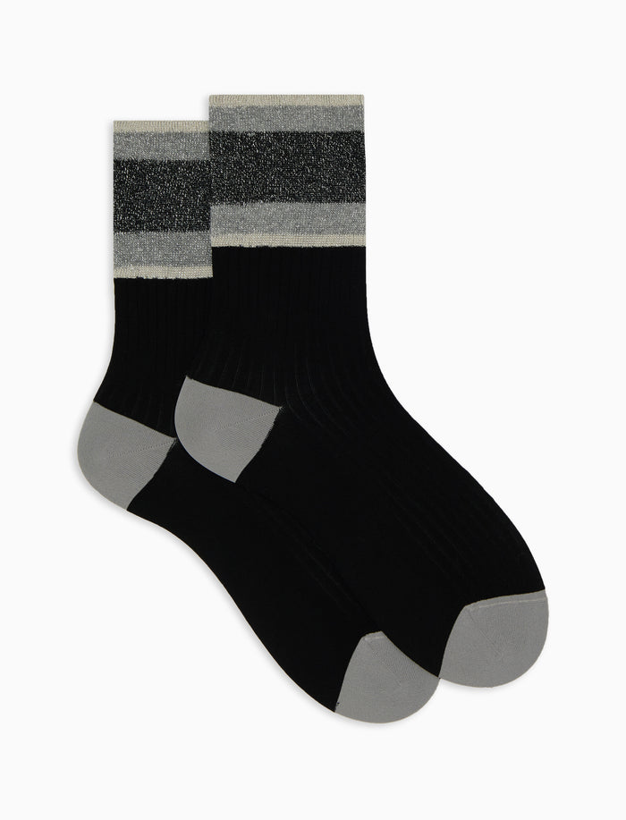 Calze corte donna cotone nero tinta unita a coste polso righe lurex - Gallo 1927 - Official Online Shop
