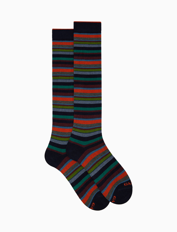Calze lunghe uomo cotone e cashmere blu righe multicolor micro - Gallo 1927 - Official Online Shop