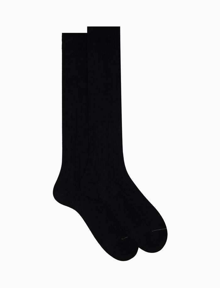 Calze lunghe uomo cotone Island Cotton blu tinta unita a coste - Gallo 1927 - Official Online Shop