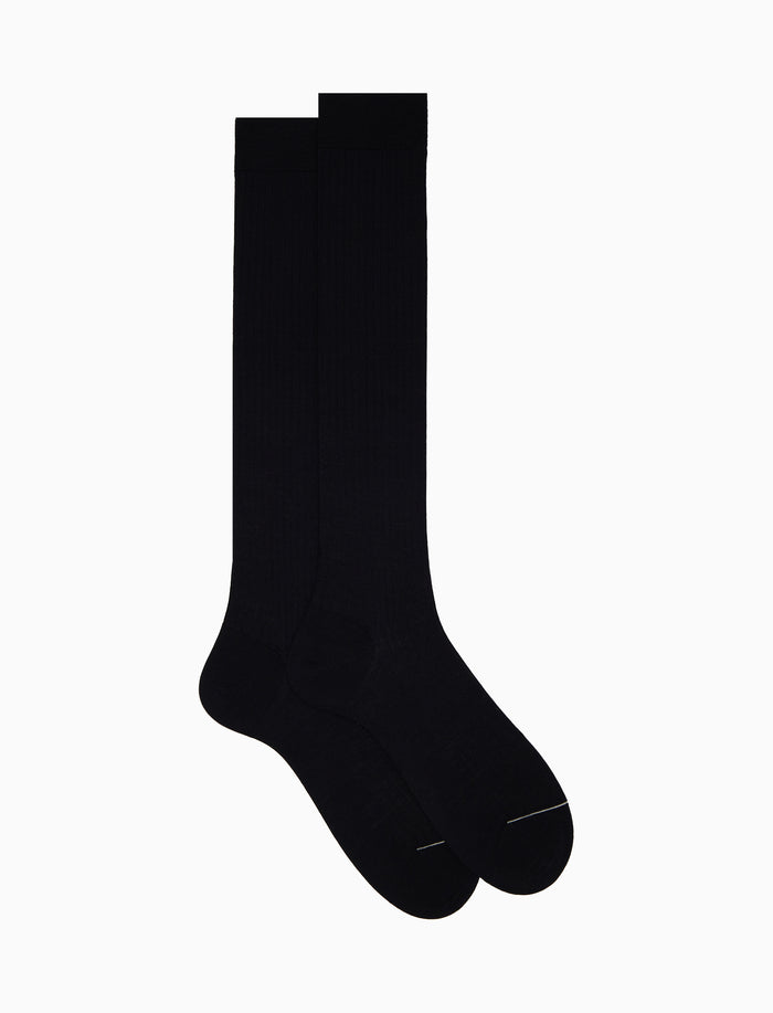Calze lunghe uomo lana blu tinta unita a coste - Gallo 1927 - Official Online Shop