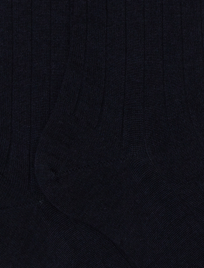 Calze lunghe uomo lana, seta e cashmere blu tinta unita a coste - Gallo 1927 - Official Online Shop