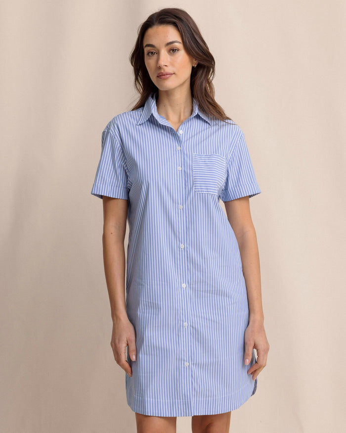 The front view of the Southern Tide Cam brrr°® Stripe Dress by Southern Tide - Blue Lolite