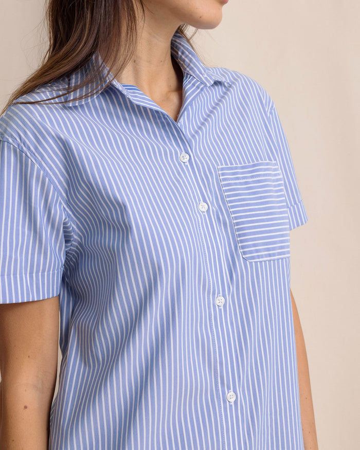 The front detail view of the Southern Tide Cam brrr°® Stripe Dress by Southern Tide - Blue Lolite