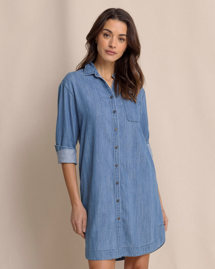 The front view of the Southern Tide Cam Denim Dress by Southern Tide - Medium Wash Indigo