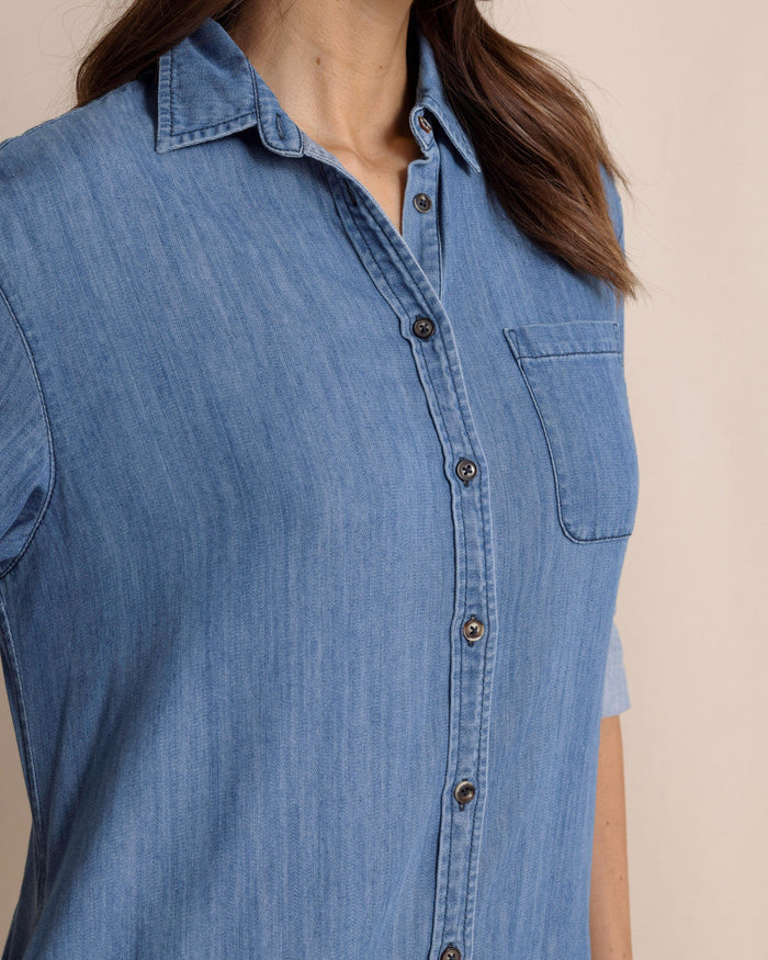 The front detail view of the Southern Tide Cam Denim Dress by Southern Tide - Medium Wash Indigo