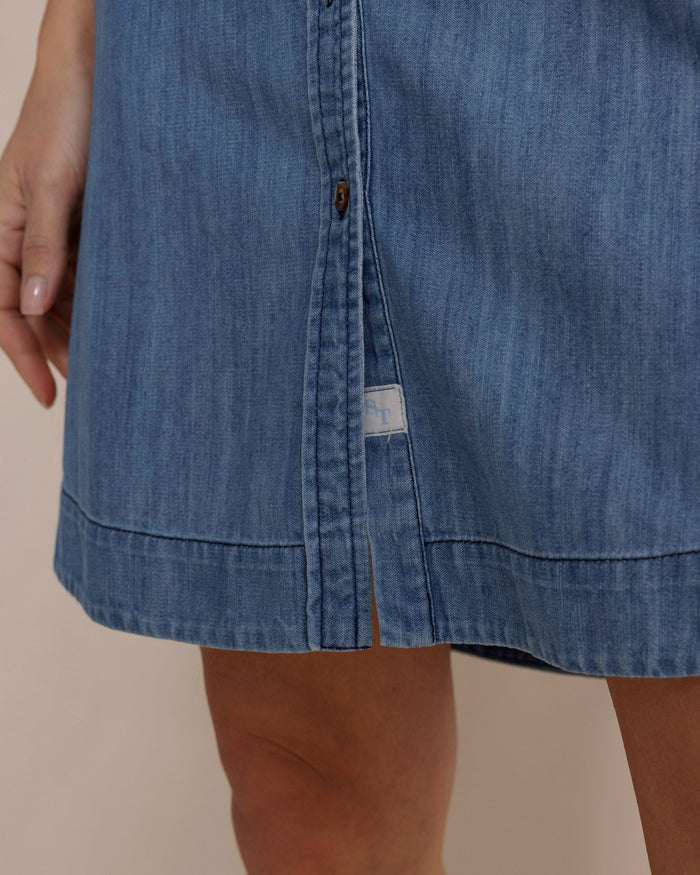 The detail view of the Southern Tide Cam Denim Dress by Southern Tide - Medium Wash Indigo