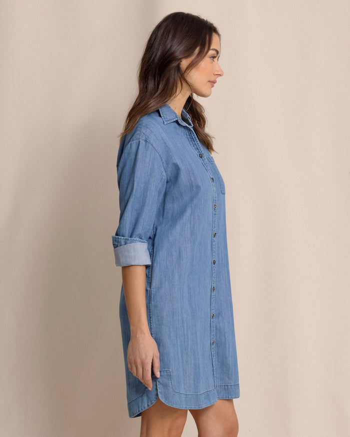 The side view of the Southern Tide Cam Denim Dress by Southern Tide - Medium Wash Indigo