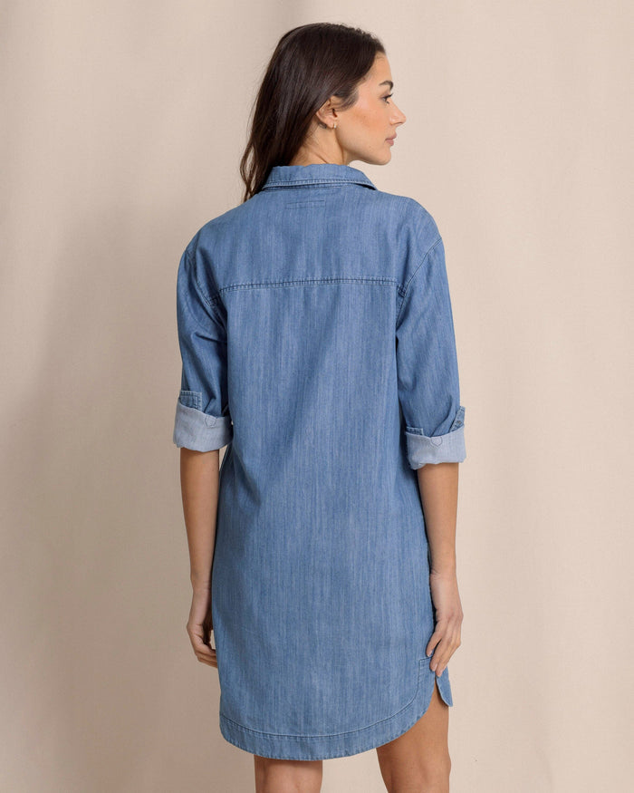 The back view of the Southern Tide Cam Denim Dress by Southern Tide - Medium Wash Indigo
