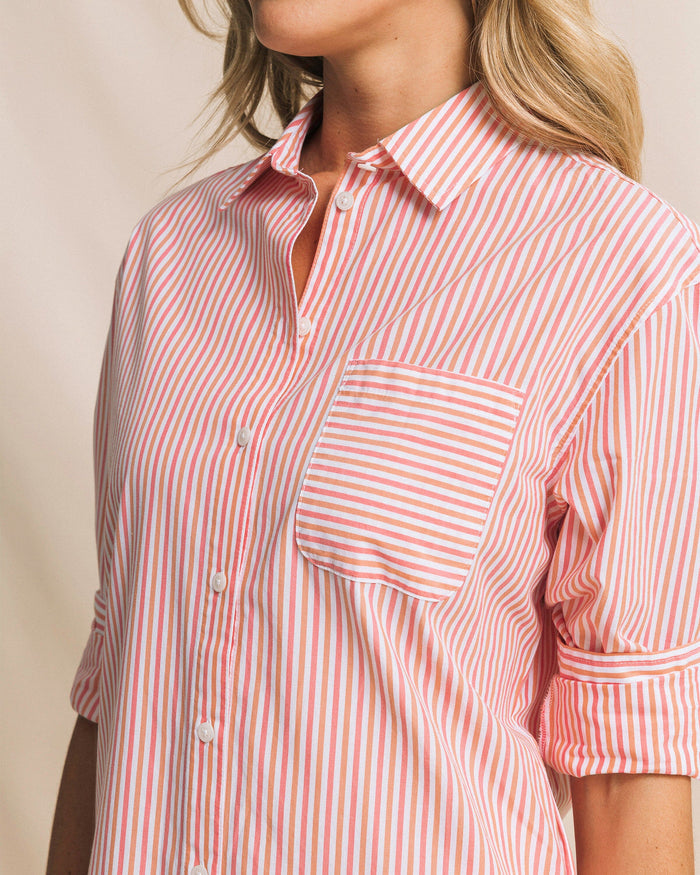 The detail view of the Southern Tide Cam Stripe Poplin Dress by Southern Tide - Peaches N' Cream