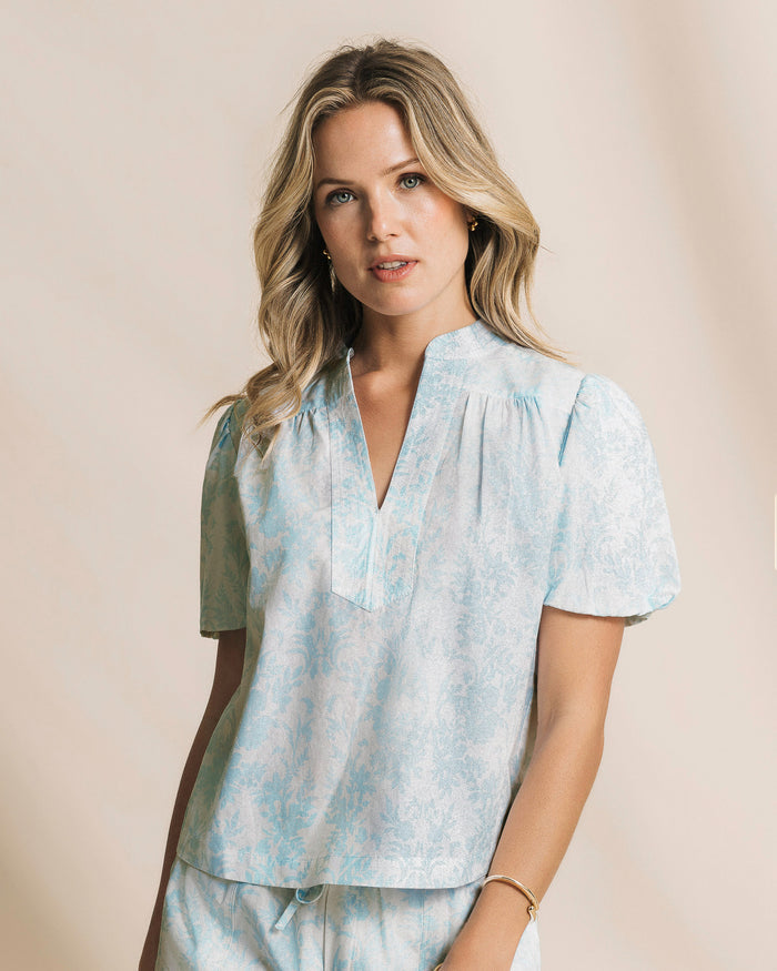 The front view of the Southern Tide Cassia Bubble Sleeve Top by Southern Tide - Dewdrop Blue